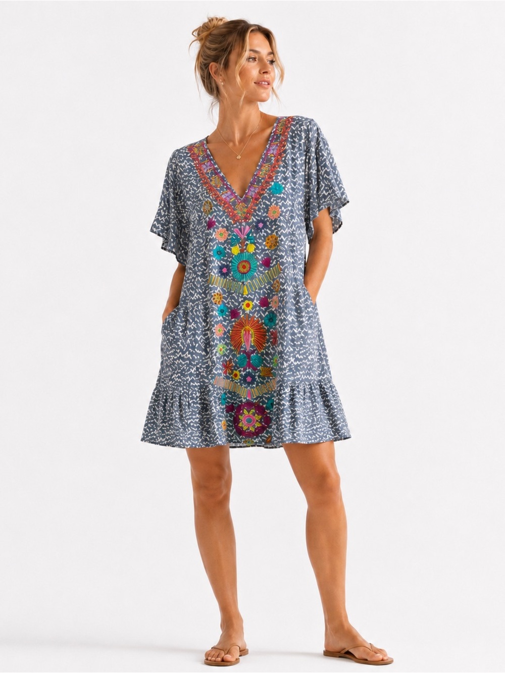 See and Be Seen NEW Embroidered Tunic Causal Dress Floral Festival Babydoll M